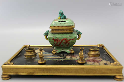 French inkwell with Chinese porcelain incense burner.