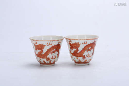 Pair Chinese iron red porcelain cups, Tongzhi mark.