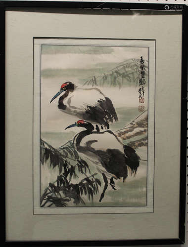 Two cranes, Chinese water color and ink painting on paper.