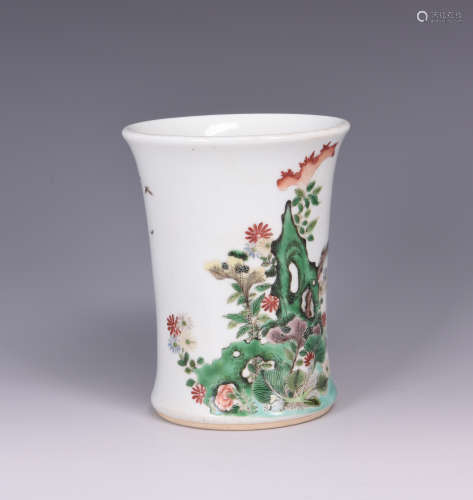 Chinese famille verte porcelain brush pot, Kangxi mark.