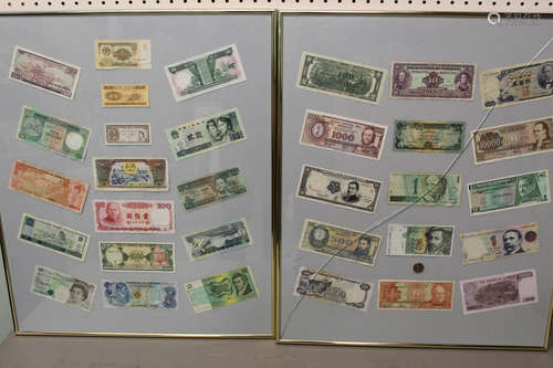 Group of old currencies, framed.