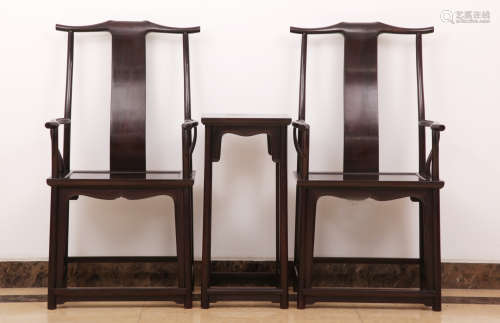 Pair of Chinese Zitan arm chairs and table.