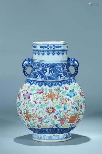 Chinese famille rose and blue and white porcelain vase, Qianlong mark.