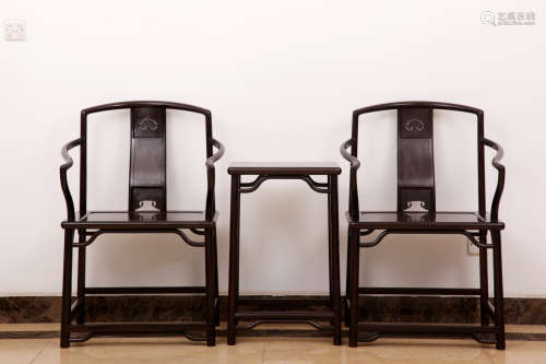 Pair of Chinese Zitan arm chairs and table.