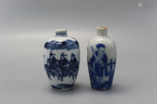 Two Chinese blue and white porcelain snuff bottles.