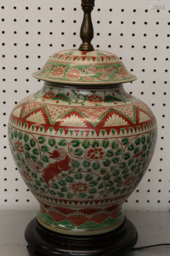 Chinese famille verte porcelain temple jar made into a