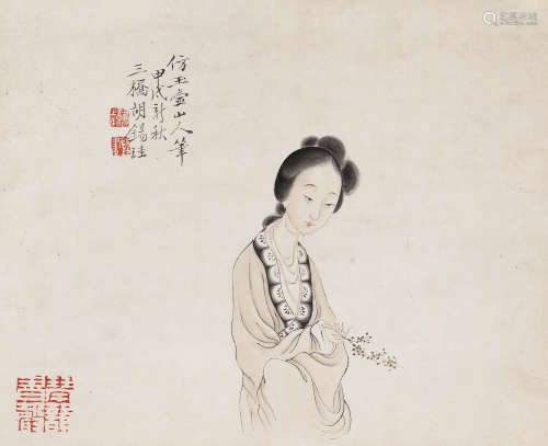 胡锡珪（1839～1883） 1874年作 执梅仕女 镜心 设色纸本