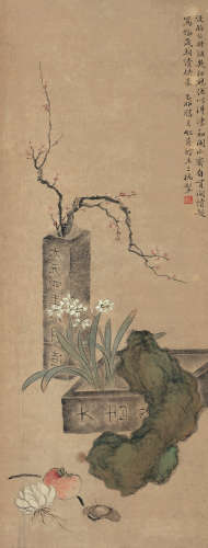 胡锡珪（1839～1883） 1879年作 清供图 立轴 设色纸本
