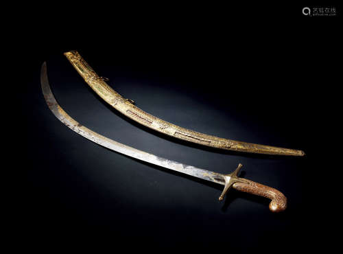 18世纪 土耳其弯刀及铜鎏金刀鞘
