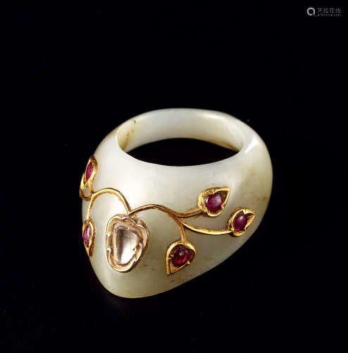 19世纪 印度青白玉痕都斯坦钻石红宝戒指