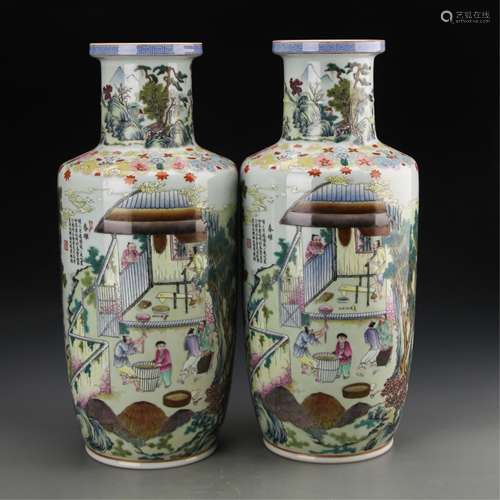 CHINESE PAIR OF FAMILLE ROSE PORCELAIN ROULEAU VAS