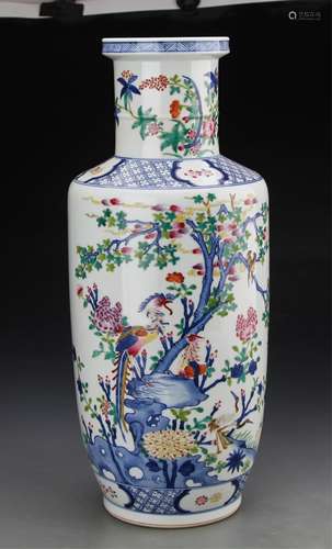 CHINESE DOUCAI PORCELAIN ROULEAU VASE