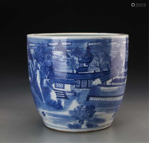 CHINESE BLUE AND WHITE PORCELAIN SCROLL POT