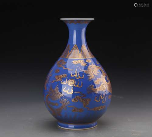 CHINESE GILDED BLUE GROUND YUHUCHUN VASE