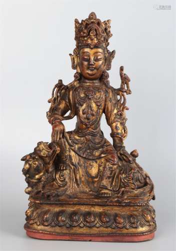 CHINESE BRONZE WITH GOLD PAINTED FIGURE OF AVALOKI