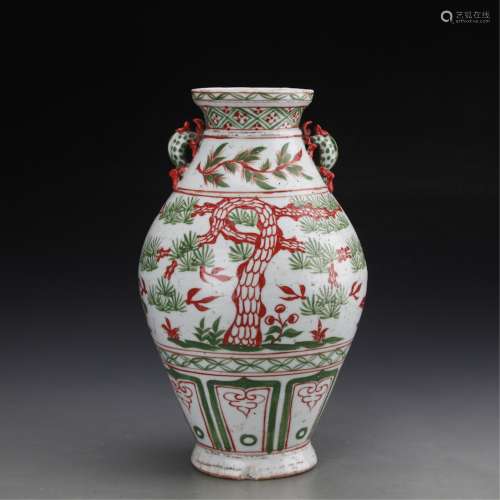 CHINESE RED AND GREEN GLAZED OLIVE SHAPE VASE