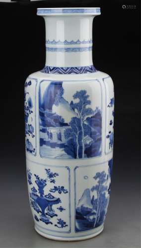 CHINESE BLUE AND WHITE PORCELAIN ROULEAU VASE