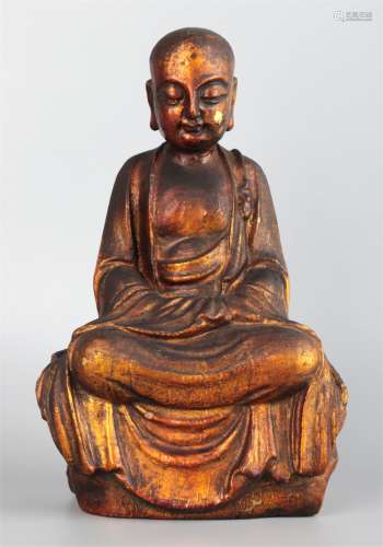 CHINESE CARVED WOODEN FIGURE OF LUOHAN