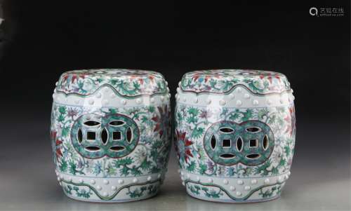 CHINESE PAIR OF DOUCAI PORCELAIN STOOLS