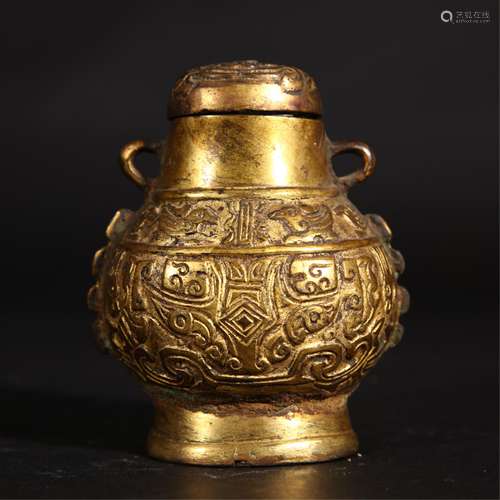 A CHINESE GILT BRONZE WITH TAOTIE DESIGN HU