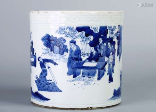 Blue and white Character and story brush pot