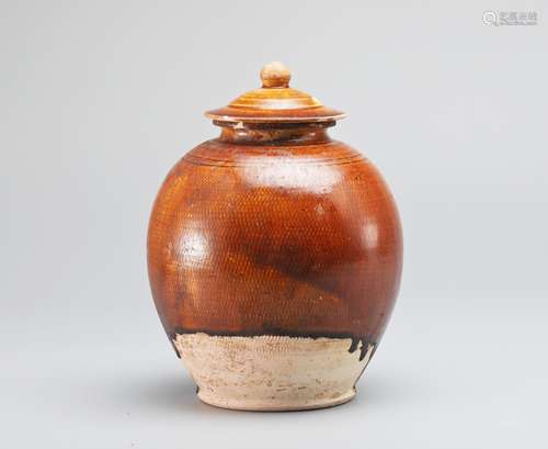 GONGXIAN KILN YELLOW GLAZE GRIDDING GRAIN JAR WITH COVER