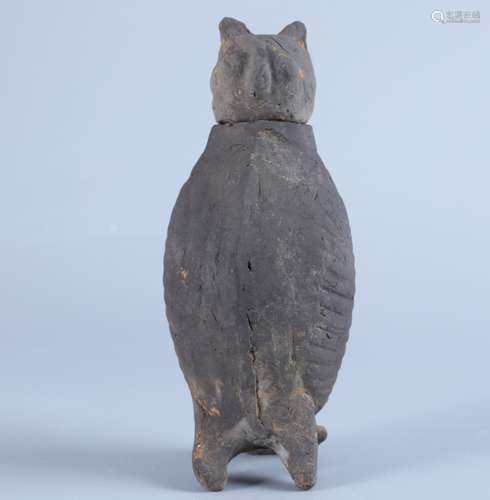 GRAY POTTERY OWL PATTERN FIGURINE