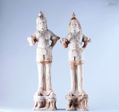 Tang dynasty white pottery colour painted character figures (pair)