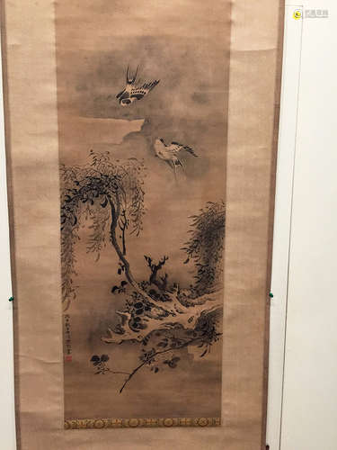 Chinese Scroll Painting of Pine Trees and Birds