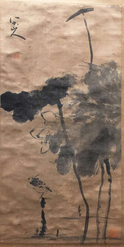 Chinese Scroll Painting,Lotus Leaf Figure for Fish Play