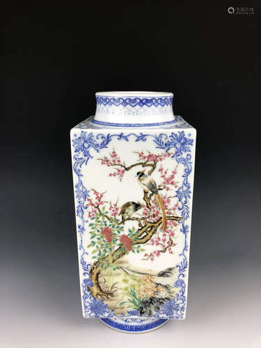 China, Famille Rose Square Flower-and-Bird Vase