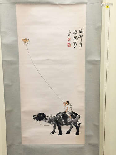 Chinese Scroll Painting,The Shepherd Boy Rides a Cow and Flies a Kite.