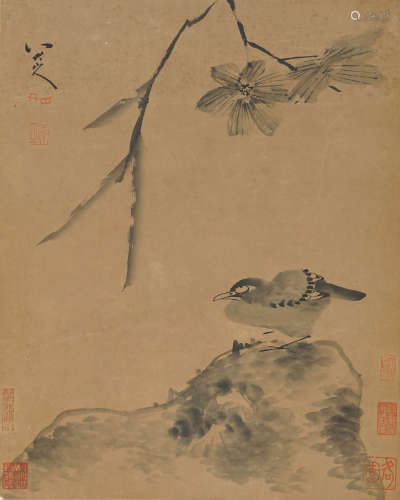 朱耷（款） 芙蓉雀鸟 水墨纸本 立轴