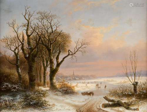 Winterlandschaft mit Eisläufern vor einer kleinen Stadt