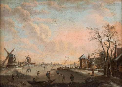 WINTERLANDSCHAFT MIT SCHLITTSCHUHLÄUFERN UND WINDMÜHLEN