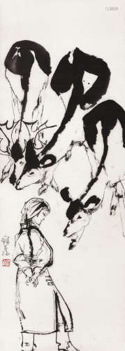 程十发（1921～2007） 少女与鹿 镜心 水墨纸本
