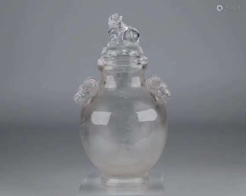 A CRYSTAL CARVED SHEEP-HEAD-EAR VASE