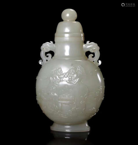 A ELEPHANT PATTERN HETIAN JADE CARVED VASE