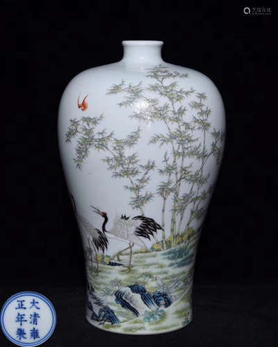 A FAMILLE-ROSE BAT&CRANE PATTERN MEI VASE