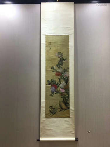 A HANGING SCROLL FLOWER PAINTING SIGNED PANJINGSHU