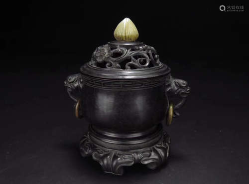 A ZITAN WOOD HOLLOW DESIGN COVER BRONZE CENSER