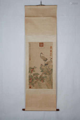 A CRANE AND PEACHES CHINESE PAINTINGS