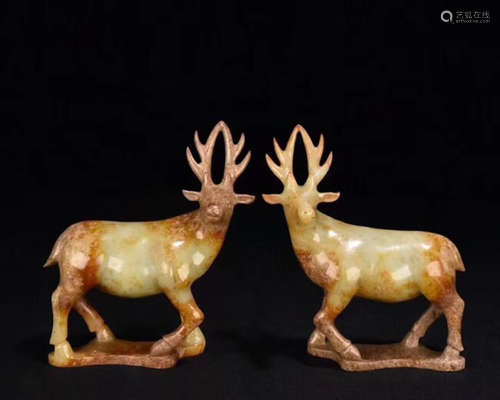 PAIR DEER SHAPED JADE CARVED FIGURES