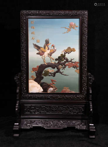 A ZITAN WOOD CARVED CRANE AND PINE PATTERN SCREEN