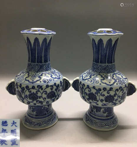 PAIR BLUE AND WHITE FLORAL PATTERN VASES