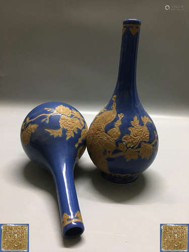 PAIR BLUE GLAZED FLORAL INCISED VASES