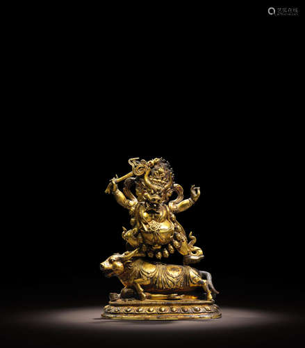 QIANLONG PERIOD (1735-1796) A GILT COPPER ALLOY FIGURE OF YAMA DHARMARAJA