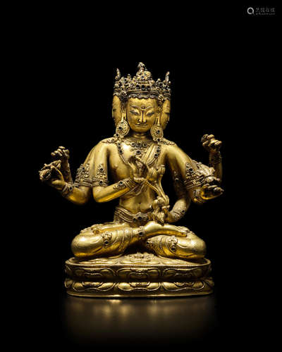 TIBET, 15TH CENTURY A GILT COPPER ALLOY FIGURE OF LOKESHVARA GUHYASAMAJA