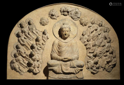 ANCIENT REGION OF GANDHARA, 4TH/5TH CENTURY A STUCCO PANEL OF BUDDHA SURROUNDED BY  BUDDHAS AND BODHISATTVAS