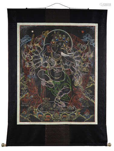 MONGOLIA, 19TH CENTURY A BLACKGROUND THANGKA OF GANAPATI